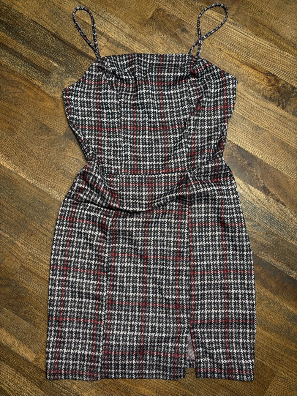 Houndstooth Mini Dress with Red Plaid Accents
